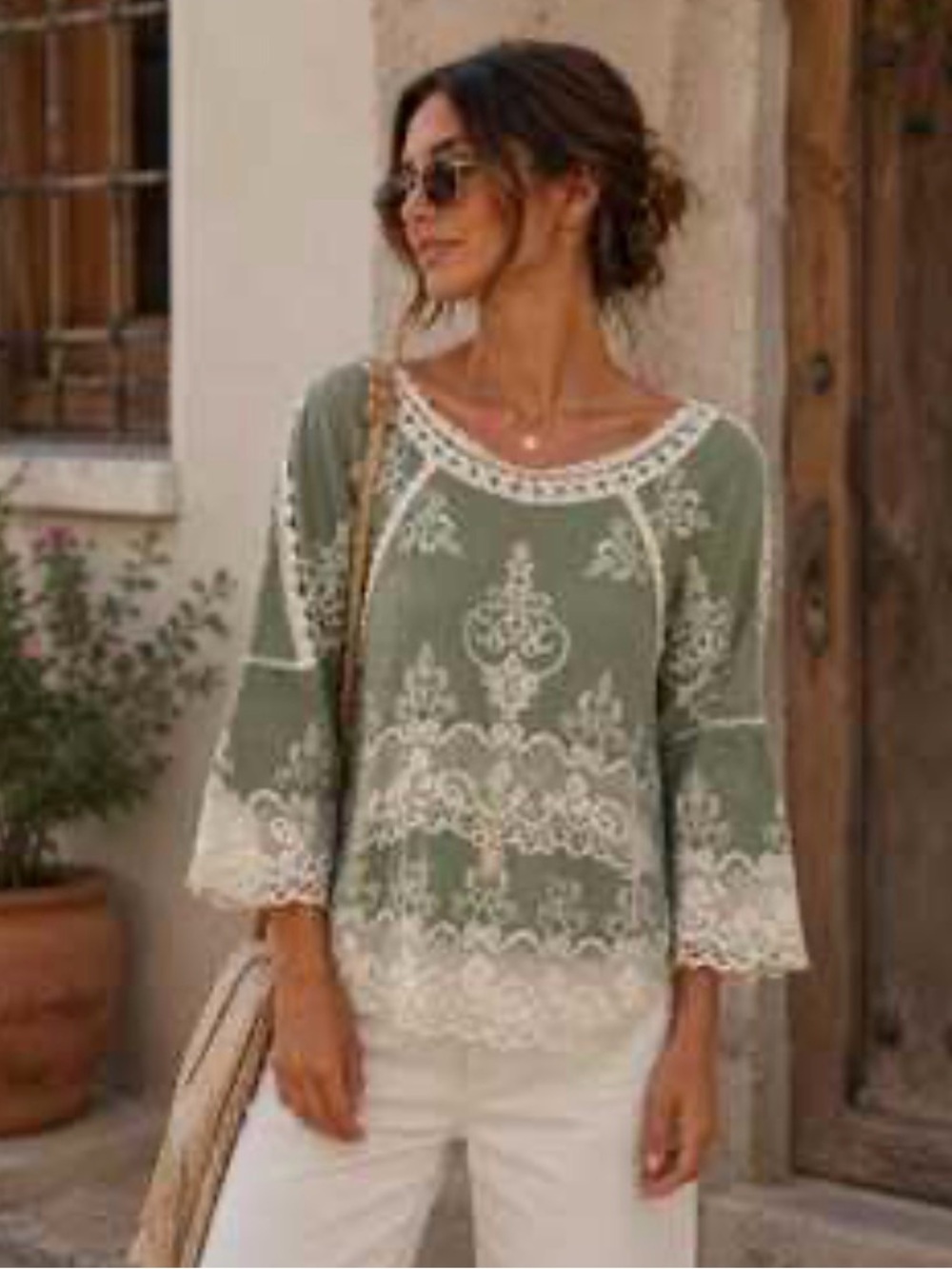 Democracy Sage Green Embroidered Open Shoulder Peasant Tunic w Lace Sz XL